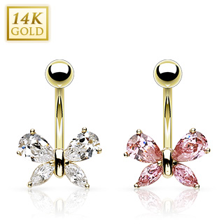 Piercing nombril en or 14 carats avec papillon zirconium