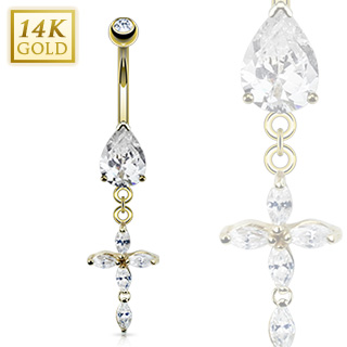 Piercing nombril en or 14 carats avec pendentif croix zirconium