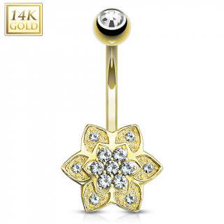 Piercing nombril en or jaune 14k  fleur Nnuphar sertie