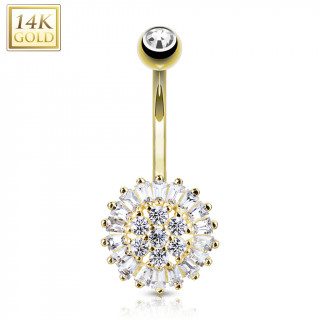 Piercing nombril en or jaune 14k  fleur solaire sertie de zirconiums