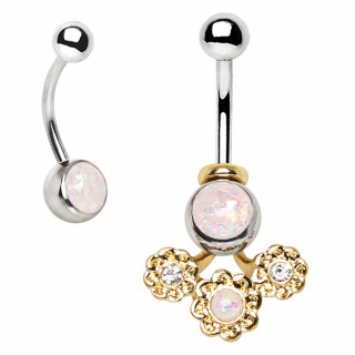 Piercing nombril 2en1 serti strass et cailles + fleurs