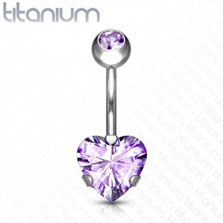 Piercing nombril en titane G23 à coeur strass griffé - Violet Tanzanite