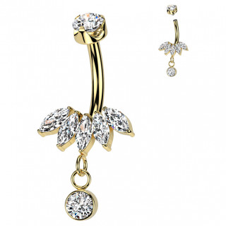 Piercing nombril en Titane dor  arc de zirconiums et pendentif (filetage interne)