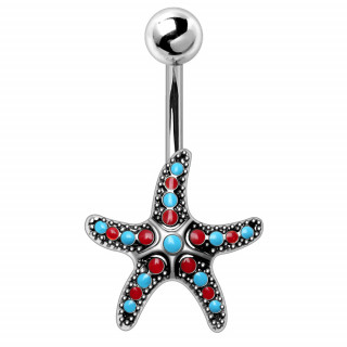 Piercing nombril étoile de mer émaillée rouge et bleu
