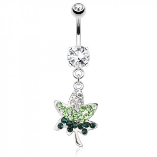 Piercing nombril feuille de cannabis  strass clairs et verts