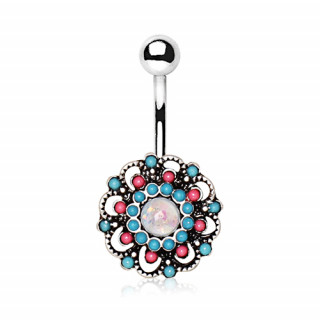 Piercing nombril fleur bleue et rose multi-perles  Opale