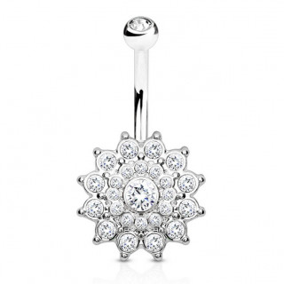 Piercing nombril fleur Dahlia pave de strass - Argent