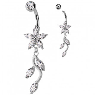 Piercing nombril  fleur de zirconiums et feuilles en pendentif