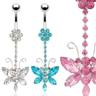 Piercing nombril fleur et papillon de pierres