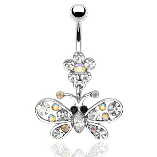 Piercing nombril fleur et pendentif papillon