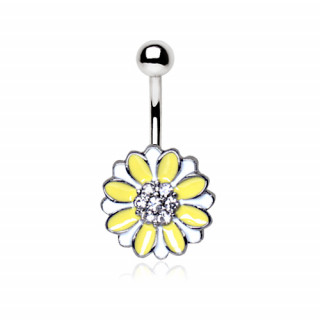 Piercing nombril fleur fantaisie jaune et blanche  strass