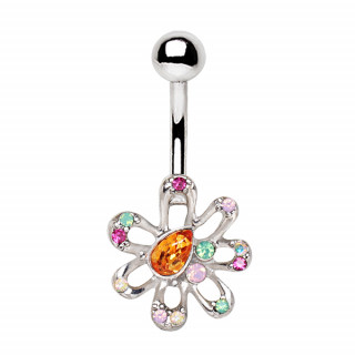 Piercing nombril  fleur fantaisie strass multicolores