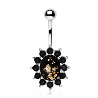 Piercing nombril fleur noire  feuille d'or (imitation or)