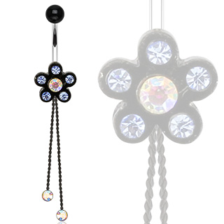 Piercing nombril fleur noire sertie � chainettes