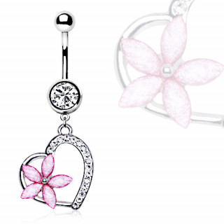 Piercing nombril fleur rose sur coeur pav de strass