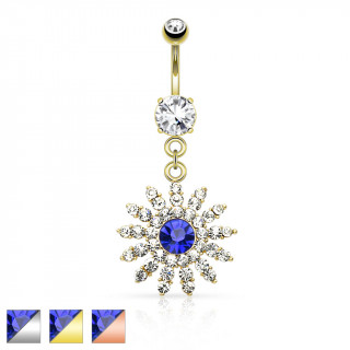 Piercing nombril fleur royale avec centre bleu et strasses clairs