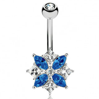 Piercing nombril fleur sertie de pierres en marquises bleues