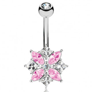 Piercing nombril fleur sertie de pierres en marquises roses