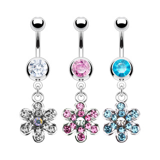 Piercing nombril fleur suspendue pave de pierres