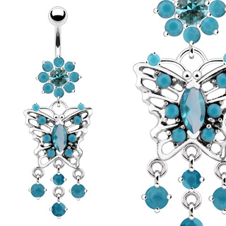 Piercing nombril fleur turquoise et papillons bleu