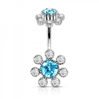 Piercing nombril fleurs scintillantes strass - Clair et aqua