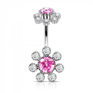 Piercing nombril fleurs scintillantes strass - Clair et rose