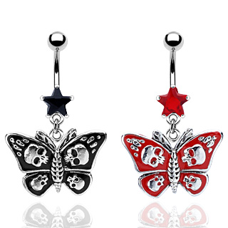 Piercing nombril papillon gothique avec cranes
