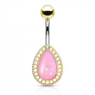 Piercing nombril goutte opale à contours dorés - Rose