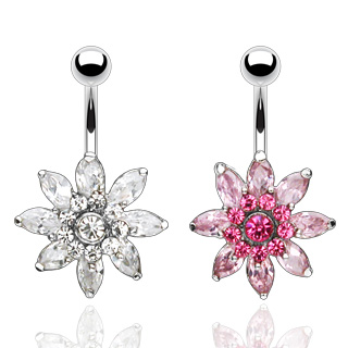 Piercing nombril grandes fleur sertie et pave