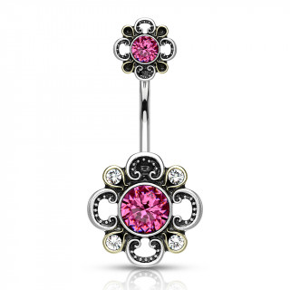 Piercing nombril gris antique  motifs floraux - Rose