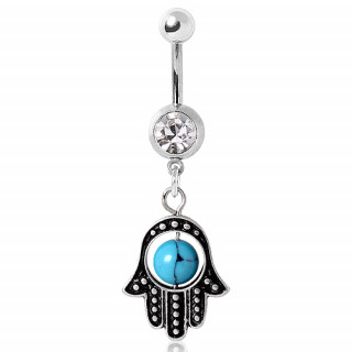 Piercing nombril  hamsa et perle de turquoise