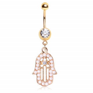 Piercing nombril hamsa (main fatma) dore pave de perles et strass