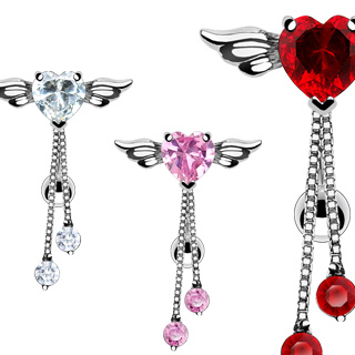 Piercing nombril invers� coeur serti ail� et pendentifs