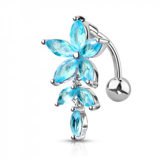 Piercing nombril invers fleur  ptales en marquise - Bleu aqua