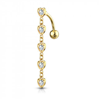 Piercing nombril invers plaqu or  cascade de coeurs strass