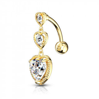 Piercing nombril inversé plaqué or à trio de coeurs sertis