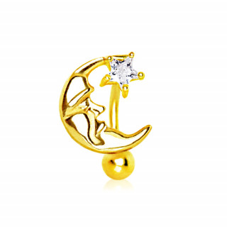 Piercing nombril invers plaqu or visage de la Lune et toile strass