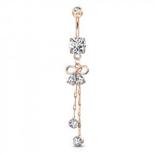 Piercing nombril long pendentif  ruban et strass suspendus - Plaqu or rose