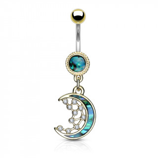 Piercing nombril lune nacre dore constelle de strass