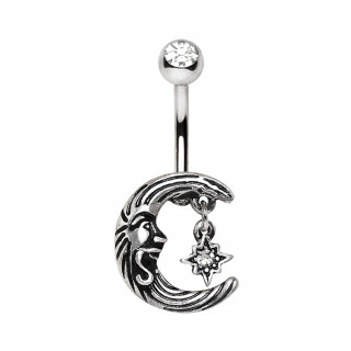 Piercing nombril lune vintage et toile sertie