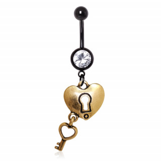 Piercing nombril noir  coeur cadenas et cl plaqu or 14 carats