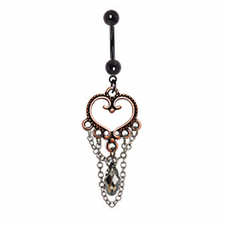 Piercing nombril noir  coeur vintage cuivr avec chaines et cristal