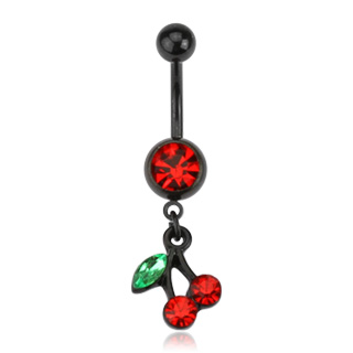 Piercing nombril noir avec cerises et feuille
