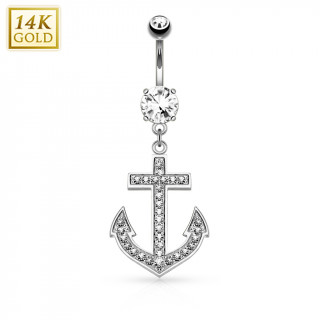 Piercing nombril or blanc 14 carats à ancre de marine pavée zirconiums