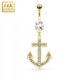 Piercing nombril or jaune 14 carats  ancre de marine pave zirconiums