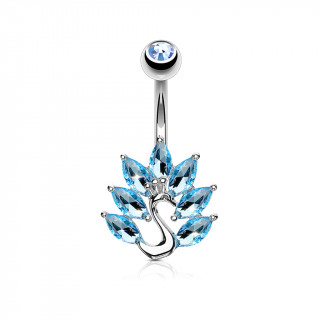 Piercing nombril paon  ventail de pierres bleu aqua