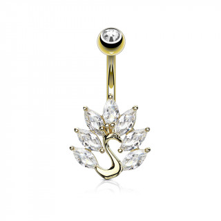 Piercing nombril paon plaqu or  ventail de pierres