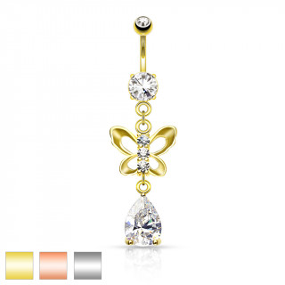 Piercing nombril papillon  barette de strass et pierre taille en goutte