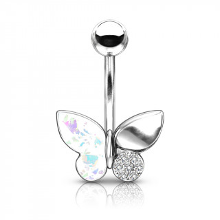 Piercing nombril papillon à ailes de cristal et opale - Blanc