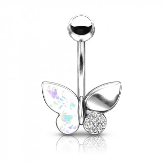 Piercing nombril papillon  ailes de cristal et opale - Blanc